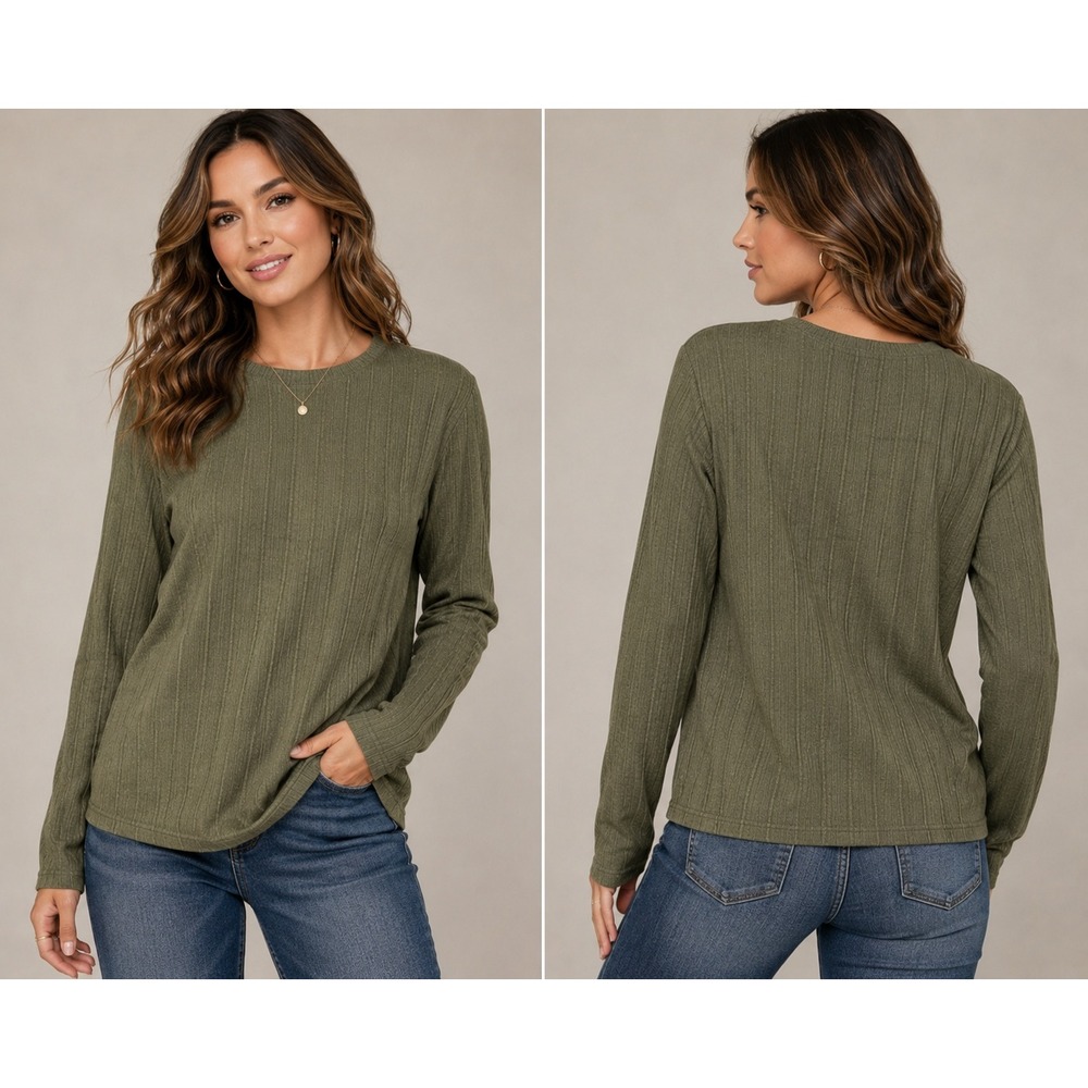 Unbranded Ribbed Knit Top Women Large Olive Green Long Sleeve Crew Neck Casual